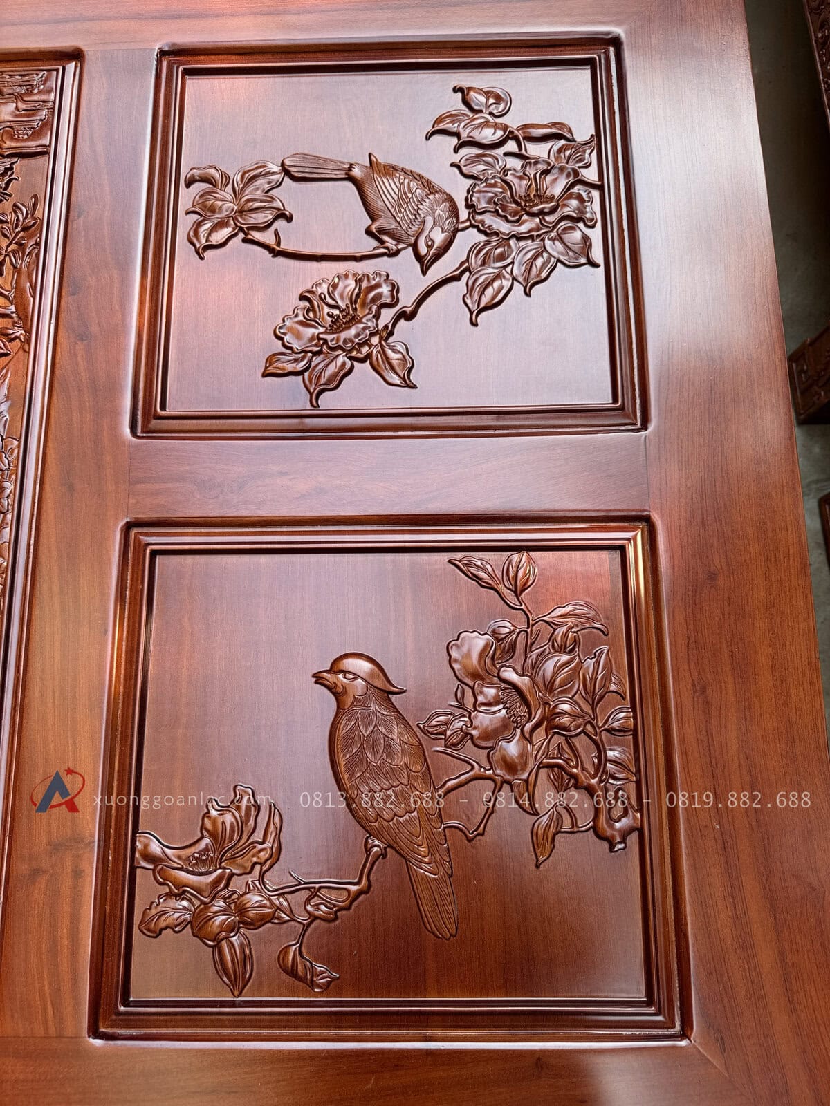 Bộ PHù Dung Gỗ Hương Đá 10 Món (Anh Tuấn - Bình Thuận ) 40 4 bức tranh được đục tỉa chim đang đậu trên cành , uyển chuyển tạo nên vui nhộn sung túc cho gia chủ