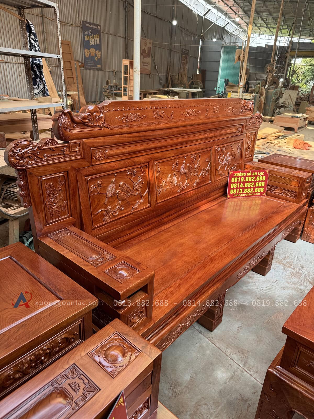 Bộ PHù Dung Gỗ Hương Đá 10 Món (Anh Tuấn - Bình Thuận ) 30  đoản dài : 2m38 x sâu 65 x cao 1m28 thiết kế ngộng rãi thoải mái cho 5-6 người ngồi