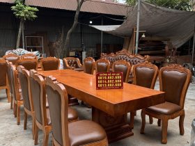 Bộ bàn ăn nguyên khối 10 ghế gỗ gõ đỏ Pachy cao cấp ( Anh Cư, TP Huế ) 13 Mẫu Bàn ăn nguyên khối đẳng cấp dân chơi , được bọc da bò Ý cao cấp 10 chiếc ghế ăn