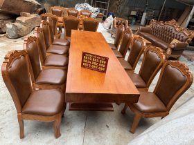 Bàn ghế gỗ nguyên khối 2 BỘ BÀN ĂN NGUYÊN KHỐI KÈM 10 GHẾ ĂN BỌC ĐỆM