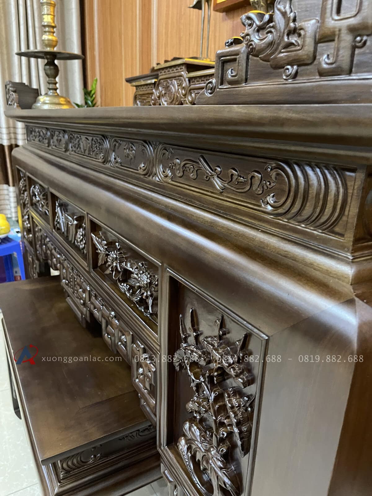 Mẫu Án Gian Thờ Gỗ Gụ Phun Giả Màu Óc Chó giao Cao Bằng 6 phần chuồn dưới bo tròn không sơ ráp ,